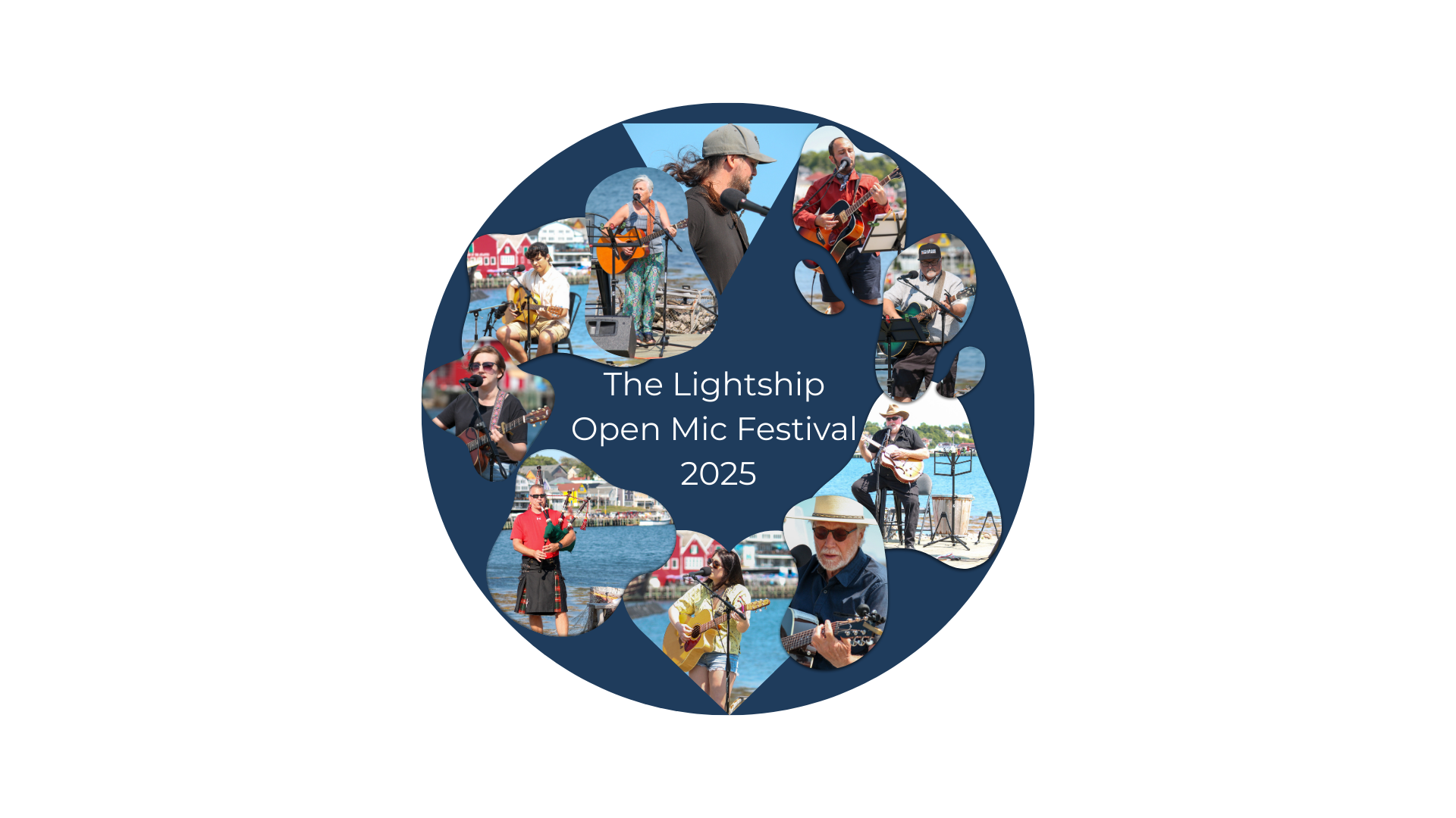Collage of musicians performing at The Lightship Open Mic Festival 2025 with the festival name in the center.