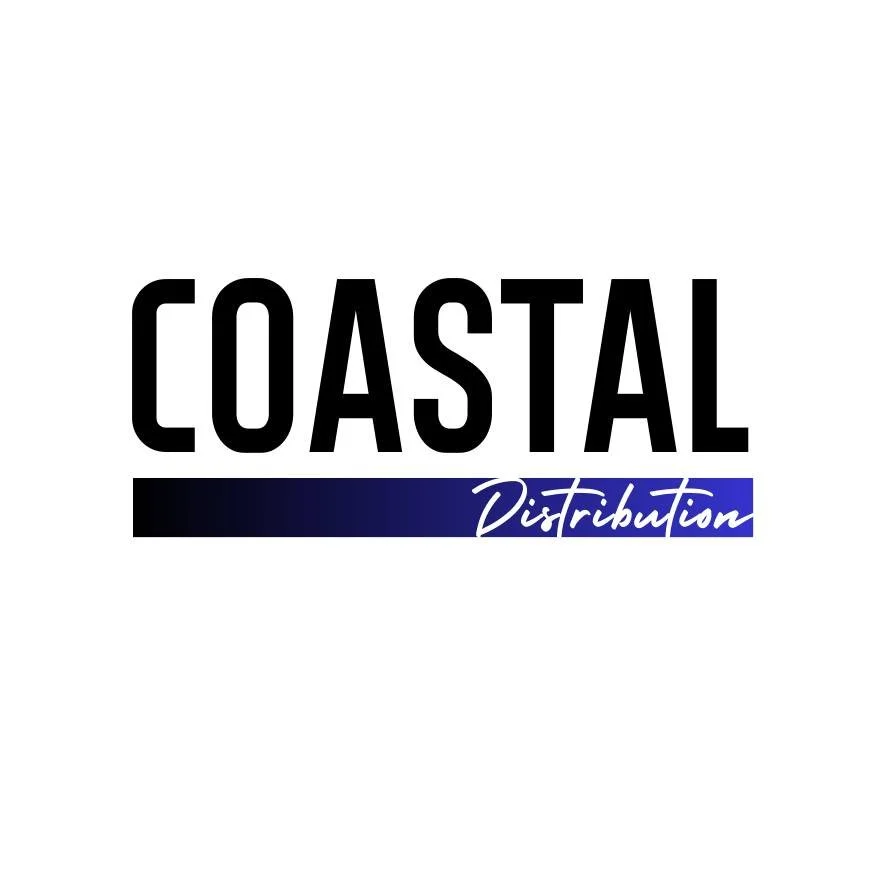 Logo for Coastal Distribution with bold black text 'COASTAL' and a blue gradient underline, with cursive white text 'Distribution' over the underline.