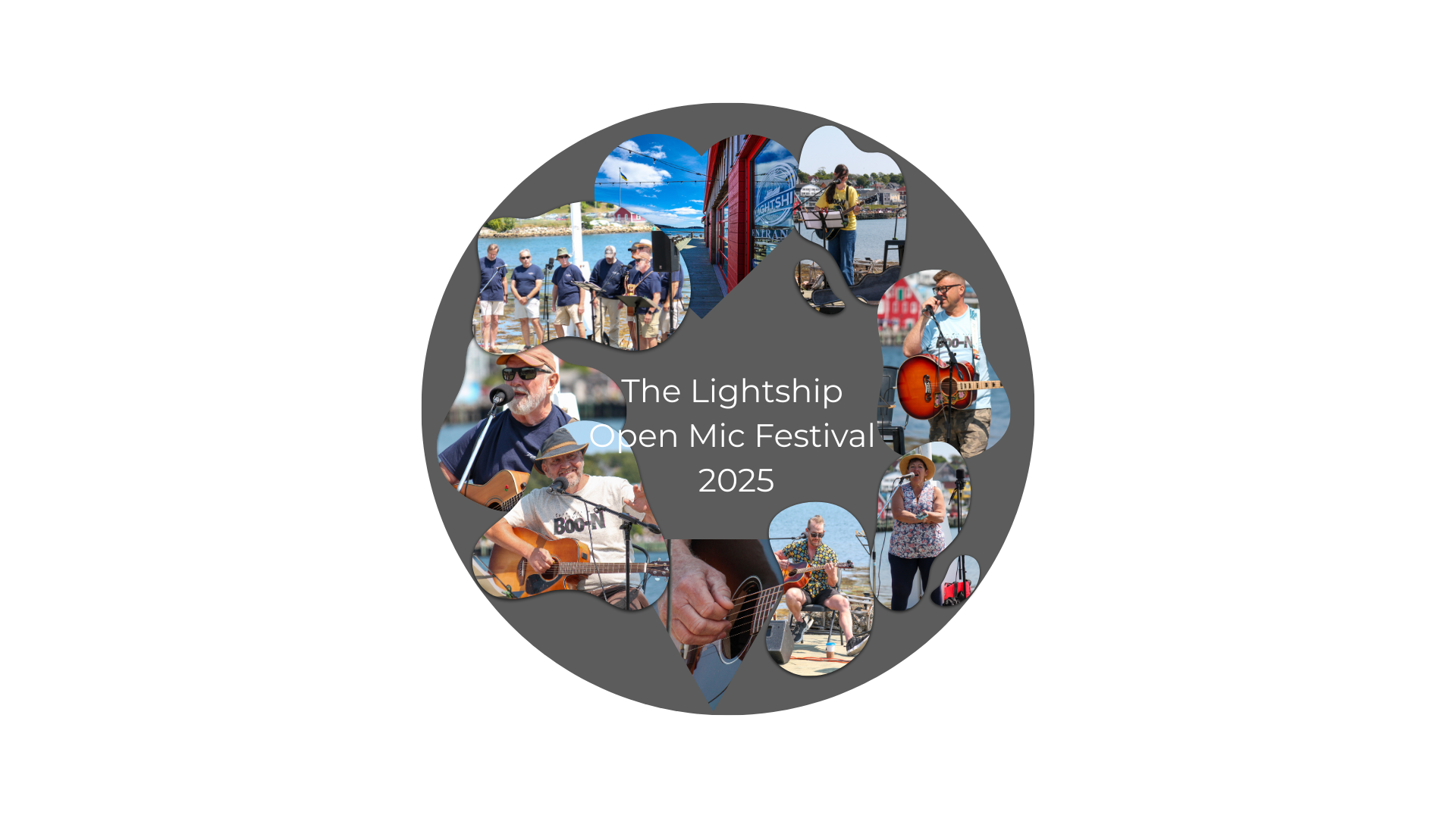 Collage of photos from the Lightship Open Mic Festival 2025, featuring musicians performing outdoors by a pier, on a boat, and on stage, with people singing, playing guitar, and enjoying the event.