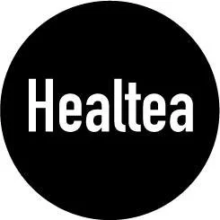 Black circular logo with the word 'Healtea' in white letters