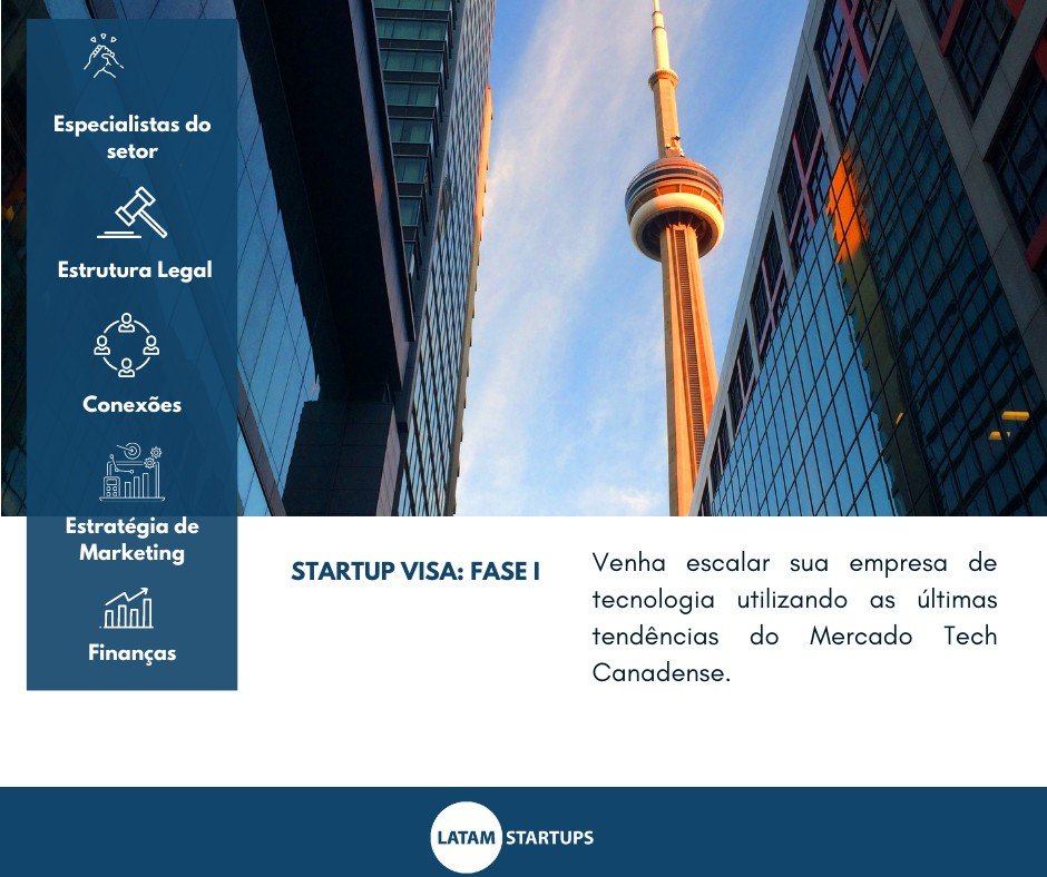 Skyline of tall modern buildings with CN Tower in Toronto, Canada visible in the background during the day, part of a promotional flyer for a tech startup event.