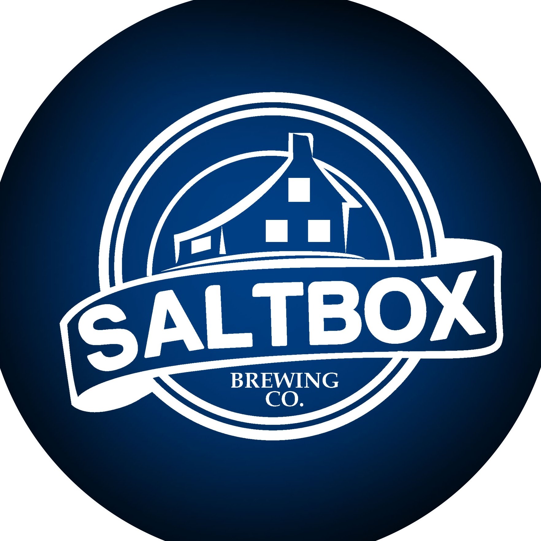Blue circular logo for Saltbox Brewing Co., featuring a stylized house and the text 'Saltbox' and 'Brewing Co.'
