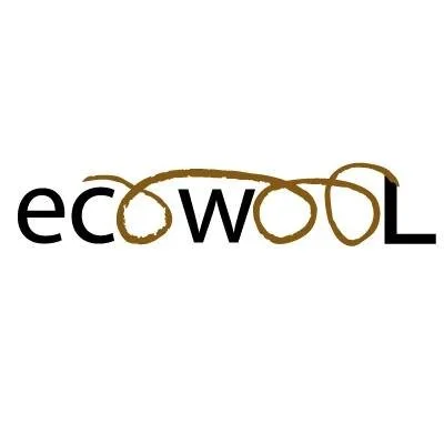 The word 'ecowool' with the letters 'owol' written in black text, and a brown string looped around the entire word, forming loops around the letters 'c,' 'w,' 'o,' and 'l'.