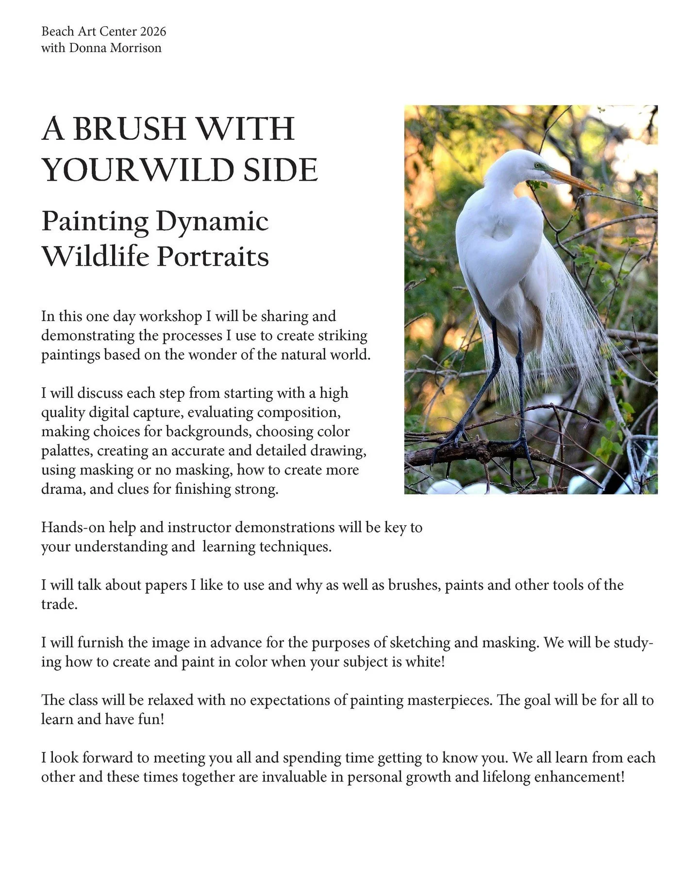 Calling all Watercolor Painters!
Join us for a fun day of painting and learning about the wonders of Florida wildlife!

A Brush Wish Your Wild Side: Painting Dynamic Wildlife Portraits on Saturday, January 24, 2026 9:30am Beach Art Center, Indian Roc