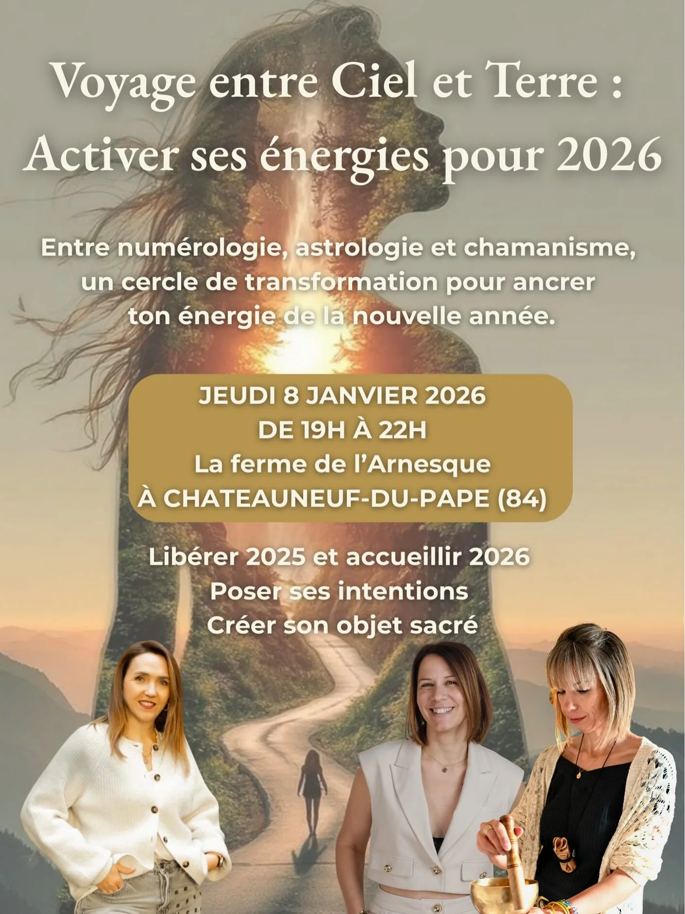 ✨ Une soir&eacute;e unique. Une exp&eacute;rience transformative.
3 femmes qui unissent leurs comp&eacute;tences pour t&rsquo;accompagner &agrave; r&eacute;v&eacute;ler, transmuter et alchimiser ce qui murmure au plus profond de ton &acirc;me.

2026 