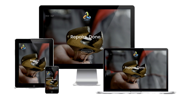 Multiple electronic devices displaying a website www.abby123.com with a hand holding a wrench, and text 'ABBY Repairs Done.' on the screen.