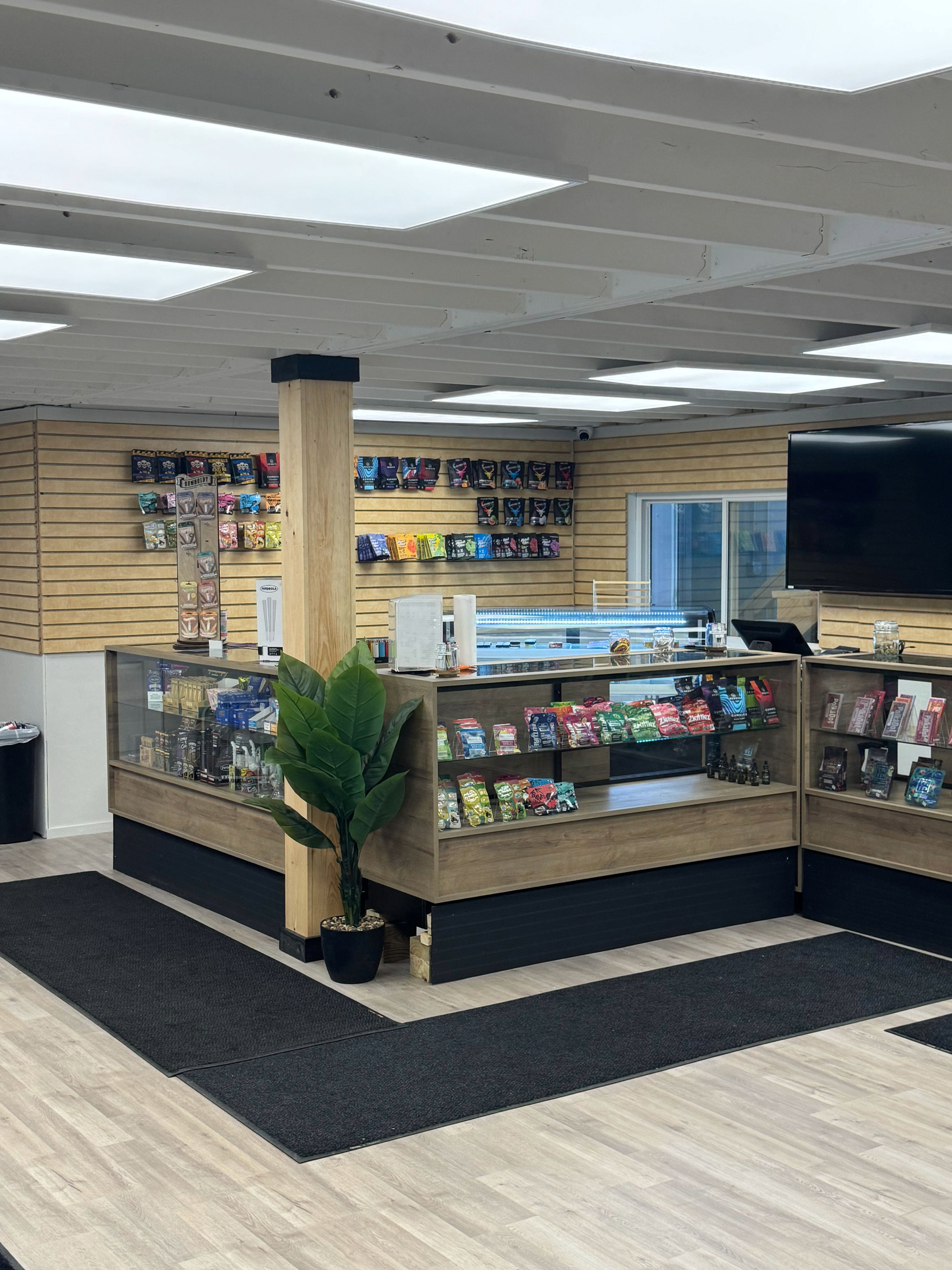 Interior of a retail store or kiosk with wooden display counters, a potted plant, and shelves behind displaying various snacks and packaged goods. Wood paneling on the walls and dark floor mats on a light wood floor.