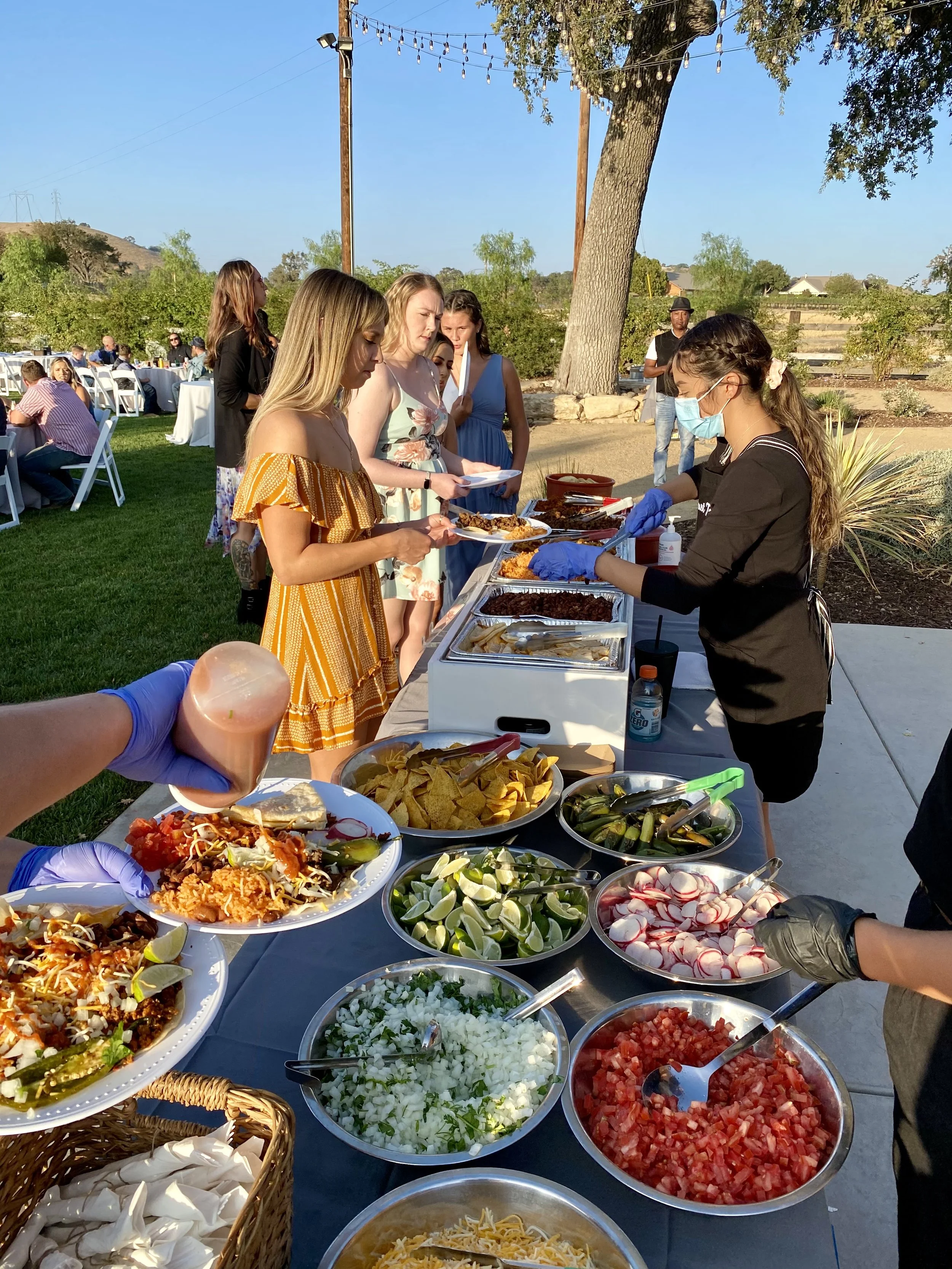 People lining up at a buffet table with various Mexican food dishes such as tacos, salsa, and lime wedges, outdoors during a sunny day with string lights hanging from trees.