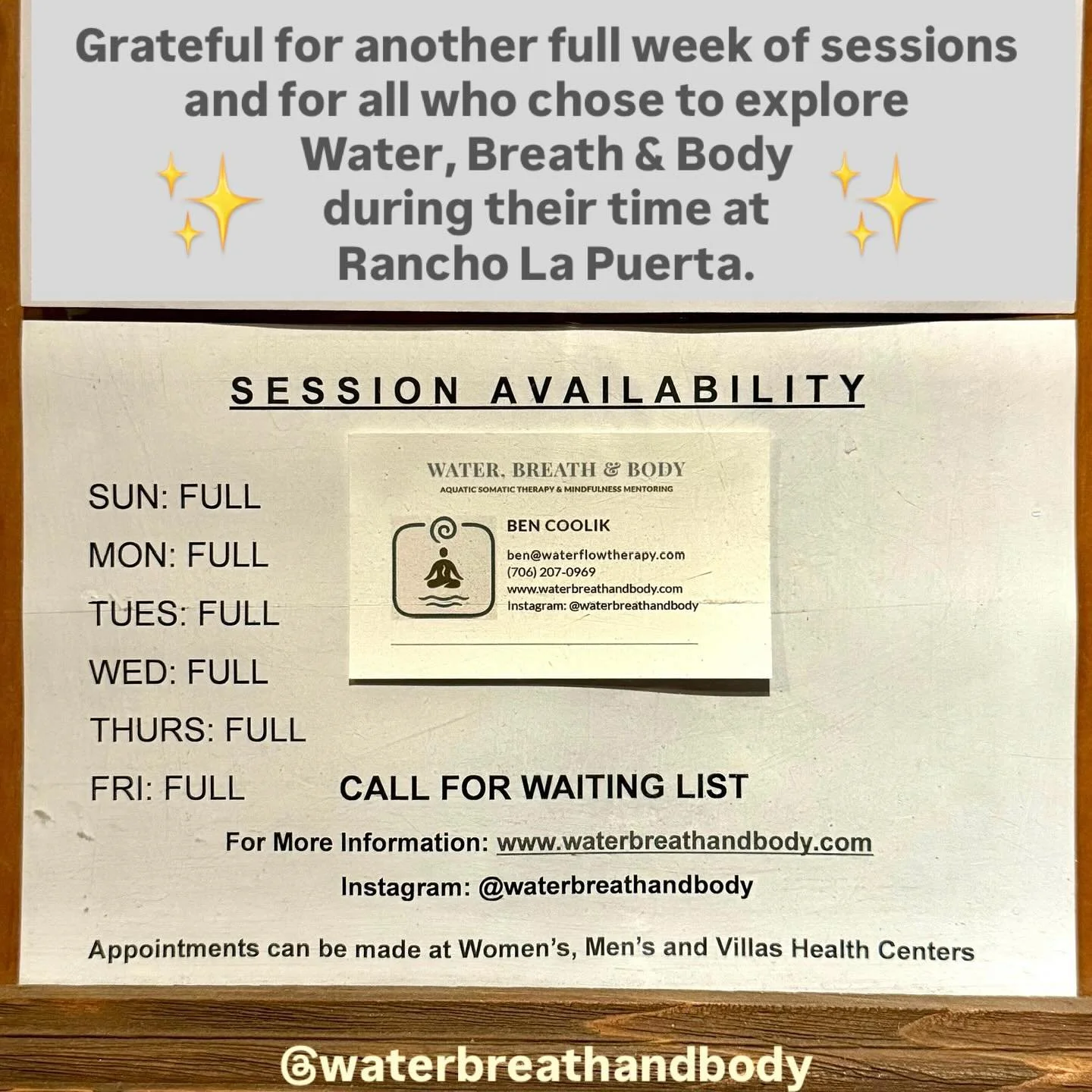 Grateful beyond words for another fully booked week (two in a row!!) offering Water, Breath &amp; Body sessions here at Rancho La Puerta.
Each session is a reminder of the trust and openness people bring to this work. To every guest who chose to step