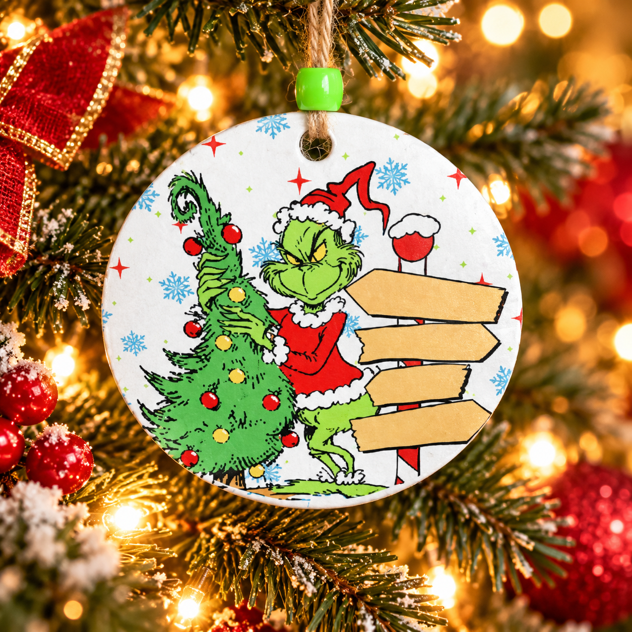 4 Names Personalized Green Christmas Character Ornament