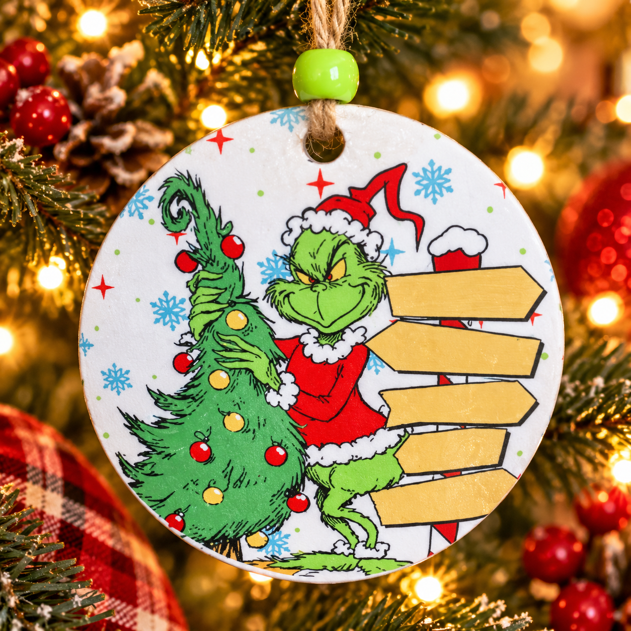 5 Names Personalized Green Christmas Character Ornament