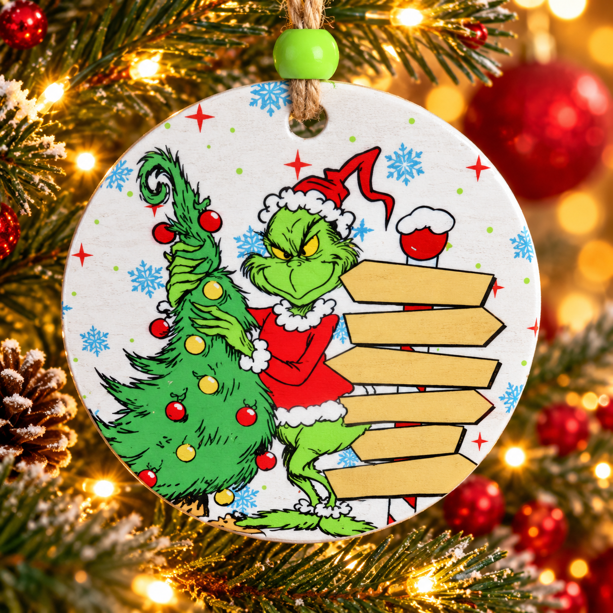 6 Names Personalized Green Christmas Character Ornament