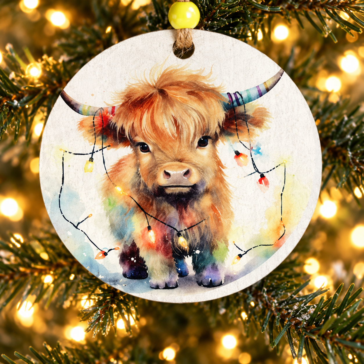 Highland cow with Christmas Lights