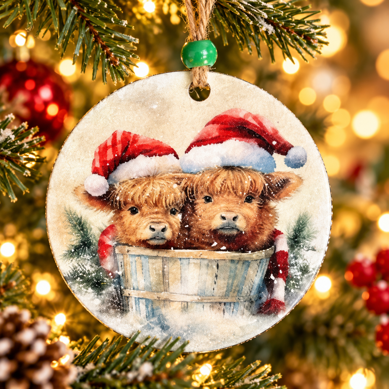 Two Highland cows in a bucket