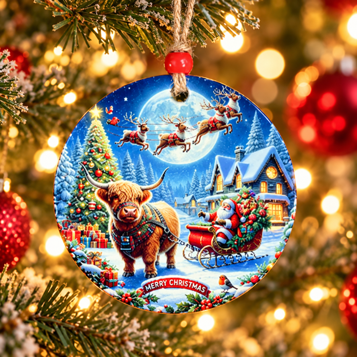 Highland Cow Christmas with Santa Ornament