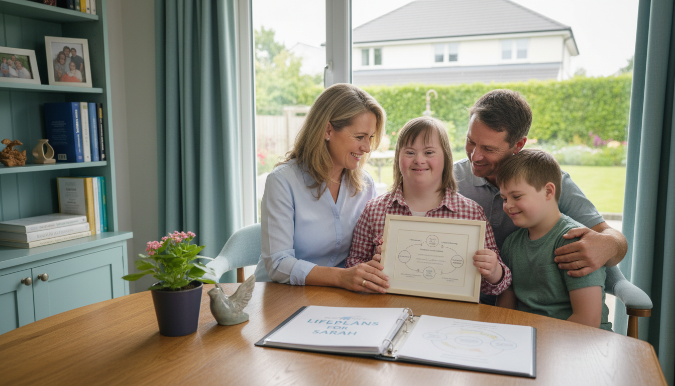 Modern building on a grassy hillside with snow-capped mountains in the background under a cloudy sky.