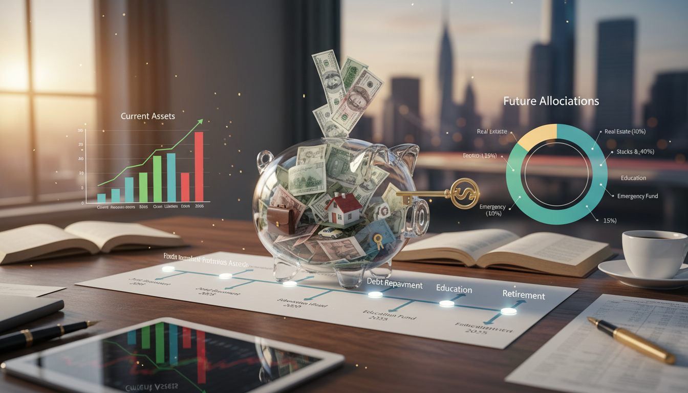 A landscape of mountains, a lake, and grassy rolling hills under an overcast sky.