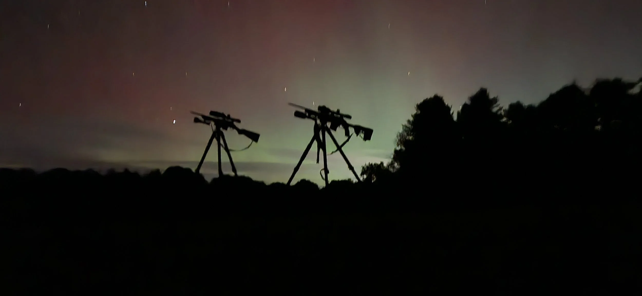 A Ruger American Gen 1 and a Tikka T3 rifle with Pulsar C50 infrared scopes mounted on top. They are sitting on Bog Deathgrip tripods.
