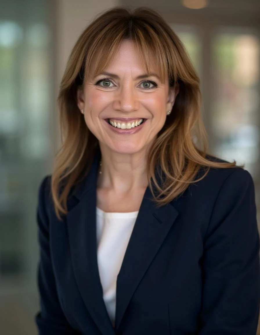 A woman with shoulder-length light brown hair and green eyes, smiling, wearing a navy blazer and white top, indoors with blurred background.