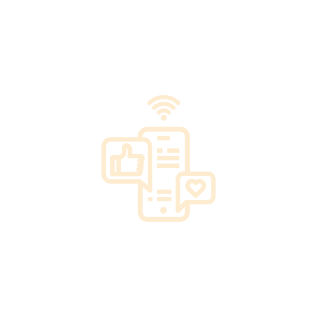 Icône d'un téléphone portable avec des symboles de pouce levé, de cœur et de signal Wi-Fi autour, représentant les interactions sur les réseaux sociaux.