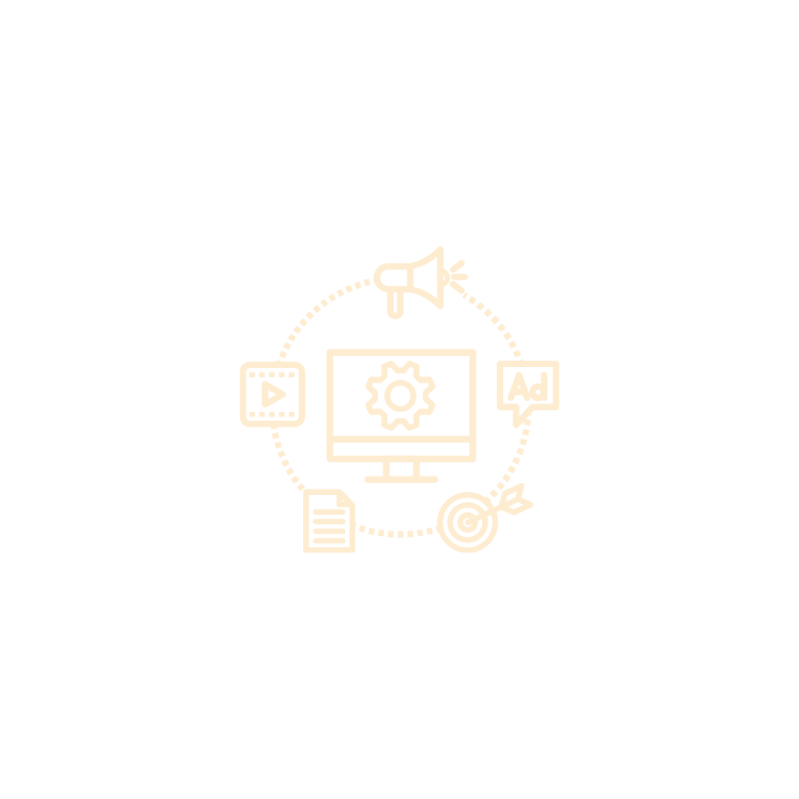 Icône représentant la gestion du marketing numérique avec un ordinateur, une cible, un document, une annonce, une vidéo et un haut-parleur.