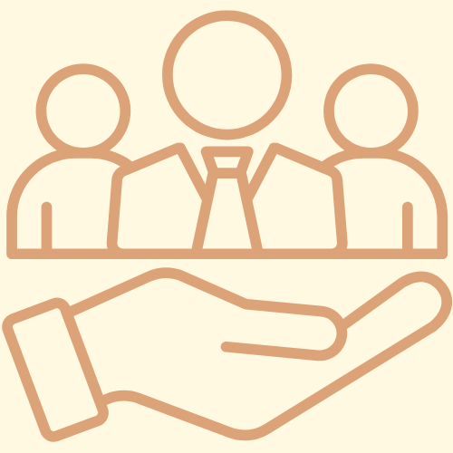 Illustration simple de trois personnes et une main ouverte, symbolisant la collaboration ou l'aide.