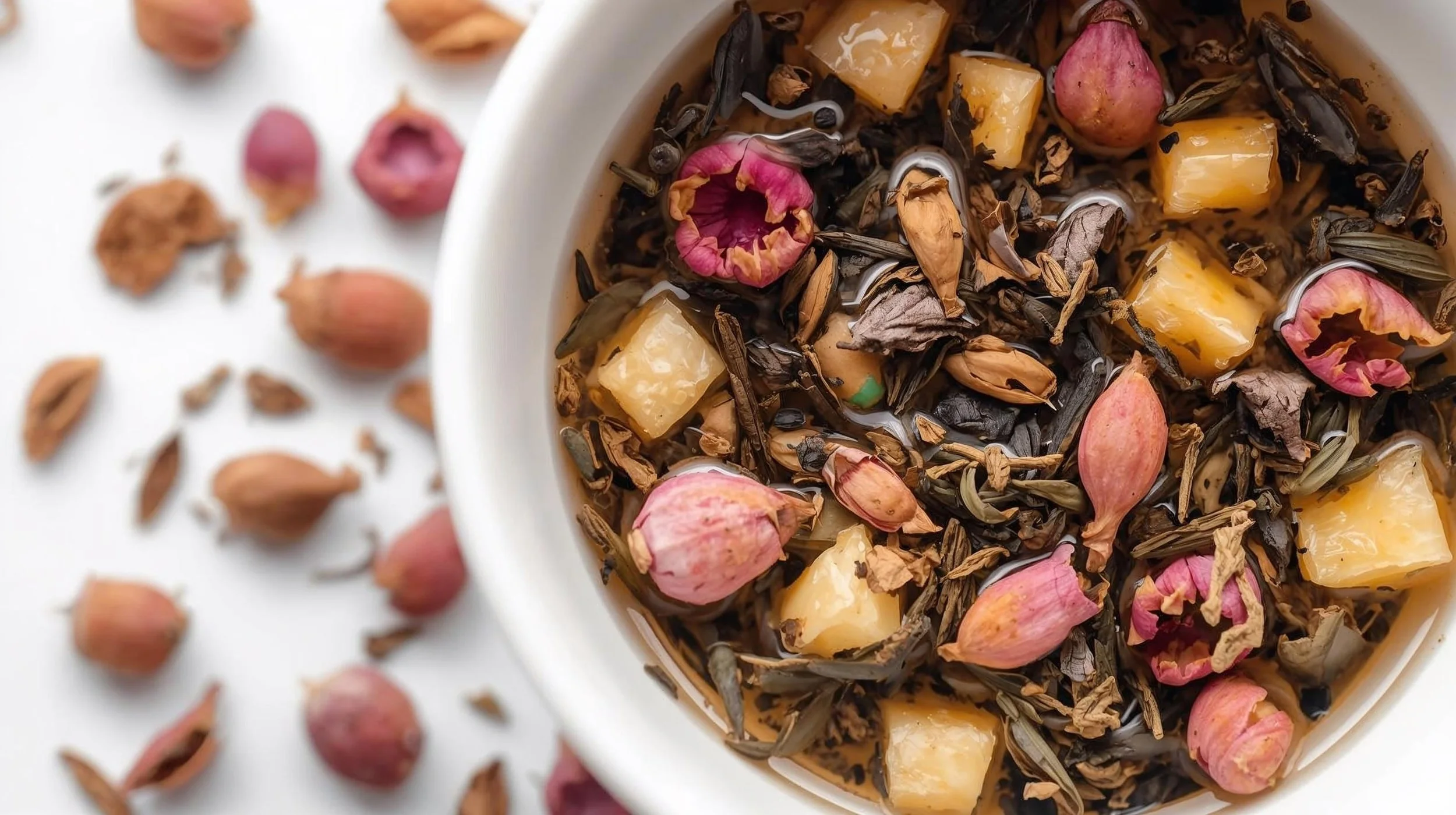 Close-up of a bowl containing herbal tea with dried rosebuds, pineapple chunks, and other dried flowers, with scattered dried flower petals outside the bowl.