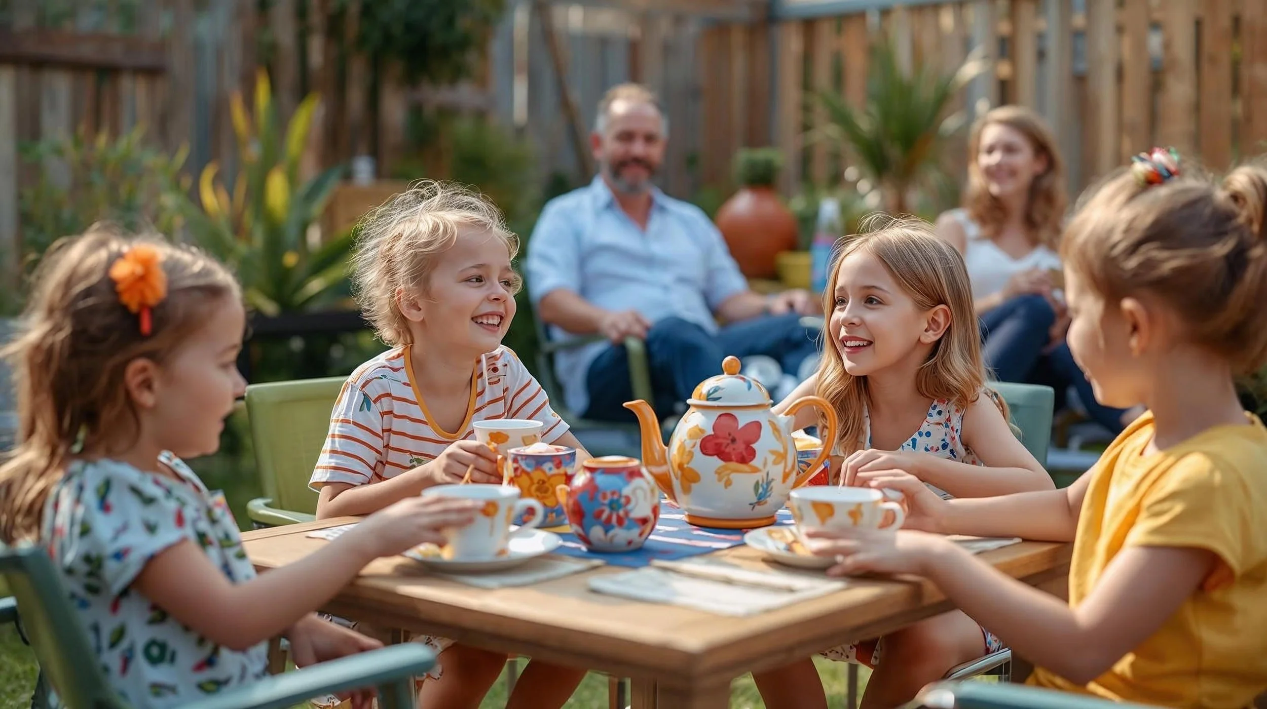 Four young girls enjoying tea outdoors, smiling and talking around a wooden table with a teapot and cups, with two adults watching and smiling in the background.