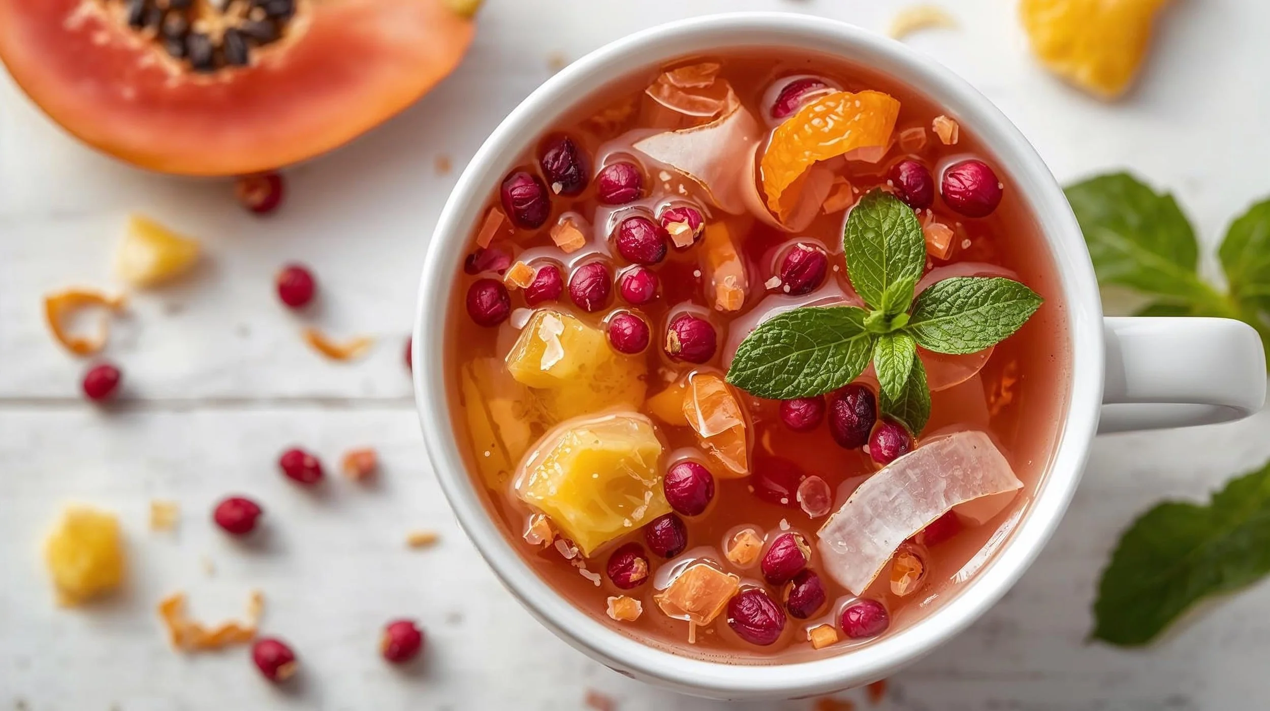 A white mug filled with fruit punch garnished with mint leaves, containing red berries, orange and yellow pieces of fruit, and ice, on a white surface with scattered fruit pieces around.