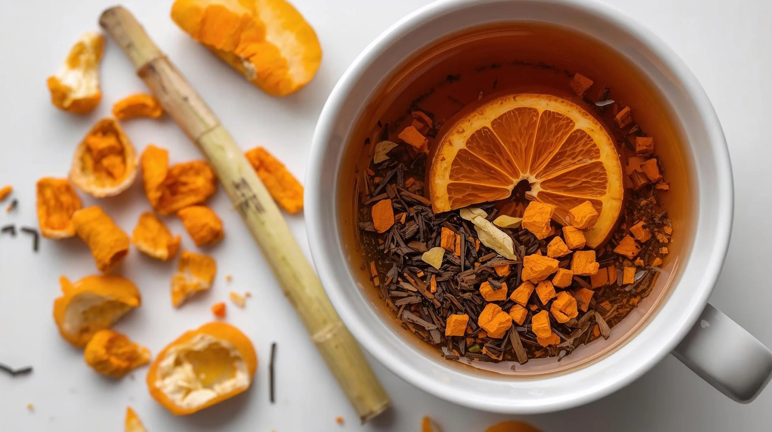 A white mug of herbal tea with a slice of orange and dried herbs floating inside, surrounded by loose herbal tea ingredients including dried orange peels, a piece of lemongrass, and other dried herbs on a white surface.