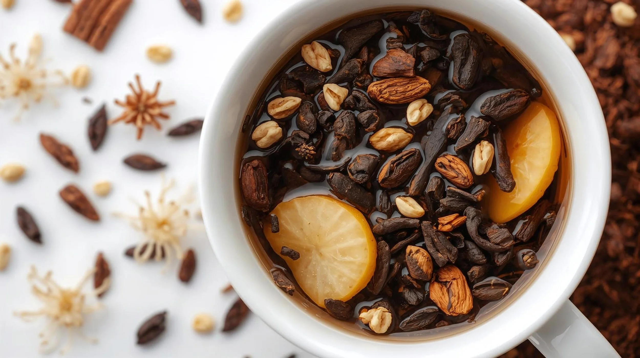 A white mug filled with hot herbal tea with lemon slices and dried herbs and spices on top, surrounded by loose spices and herbs on a white surface.