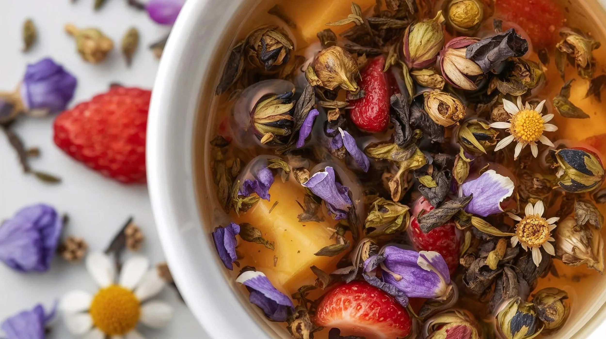 A close-up of a cup containing herbal tea with dried flowers, strawberries, and a red berry. Scattered dried flower petals and a strawberry are visible outside the cup.