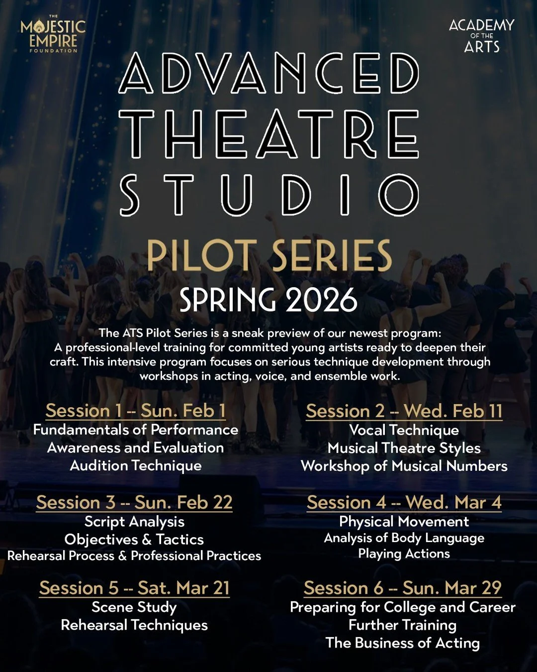 ADVANCED THEATRE STUDIO 🏆
Pilot Series &mdash; Sneak Preview Workshops

Train with intention. Grow with discipline.
Serious, pre-professional training for committed young artists.

This FREE Pilot Series offers a first look at our newest advanced pr