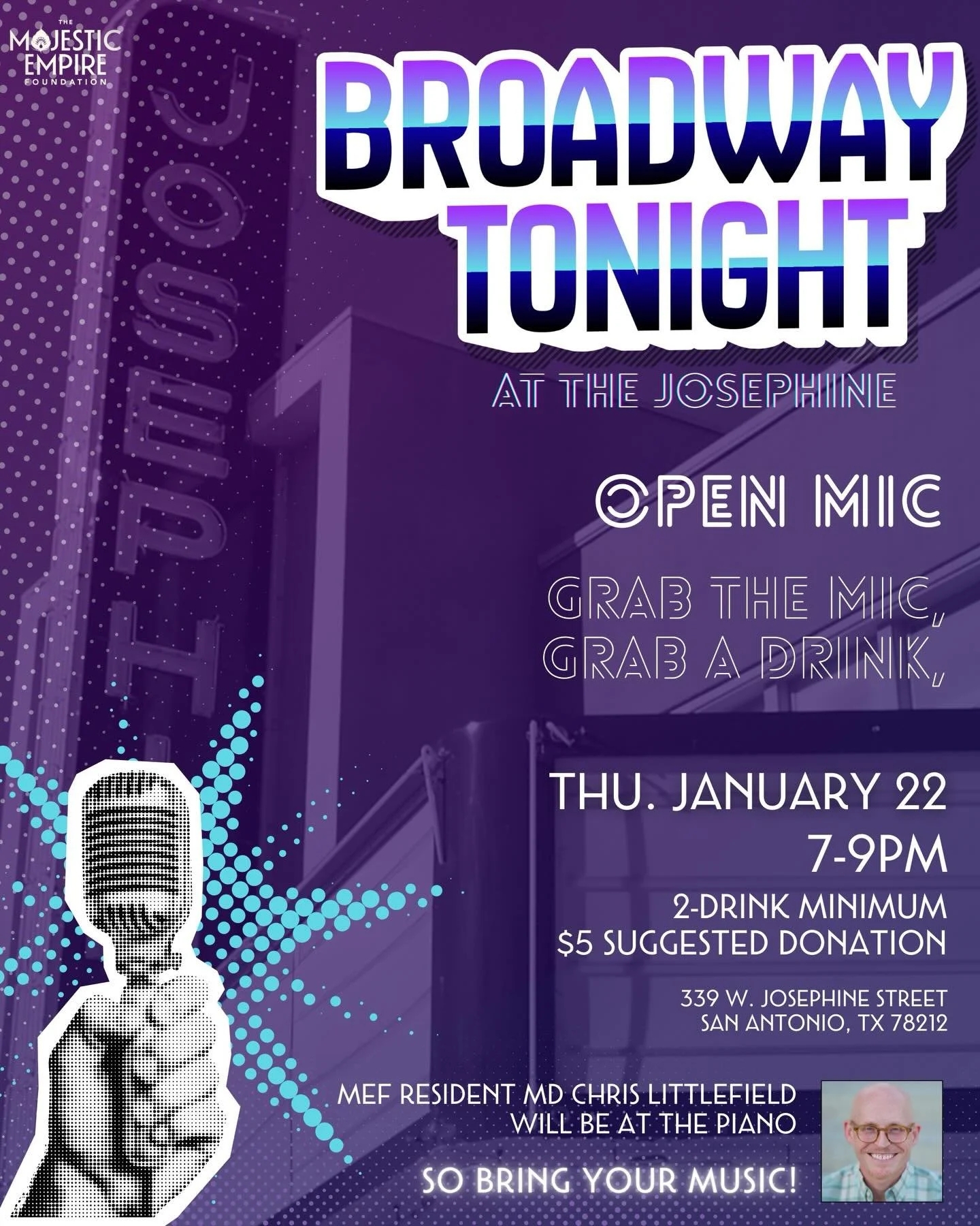 Broadway Tonight at the Josephine! 🎶 
Whether you&rsquo;re a seasoned performer, a shower singer, or just here for the vibes&mdash;come out for a joyful night of show tunes, community, and theatre love.

📅 Next Thursday | 7&ndash;9 PM
🍸 2-drink mi