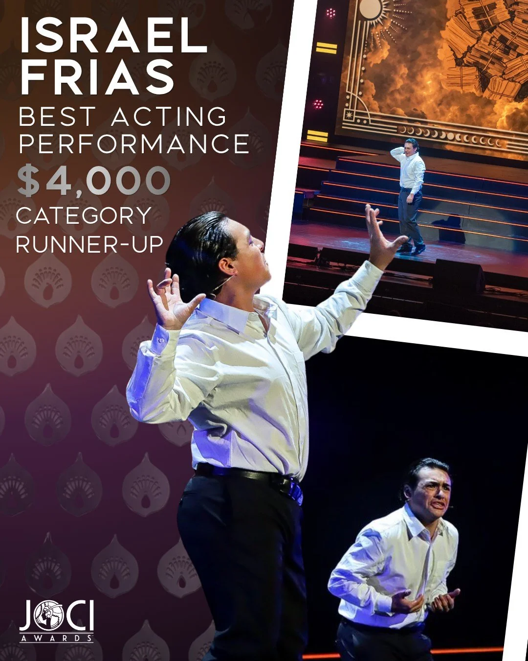 Israel Frias from @psjabearstheatre left it all on the stage performing a monologue from &ldquo;Zoot Suit&rdquo; and earned 2nd place in the Best Acting Performance category with a $4,000 scholarship! 

#jociawards #jociawards2026 #supportthearts #sc