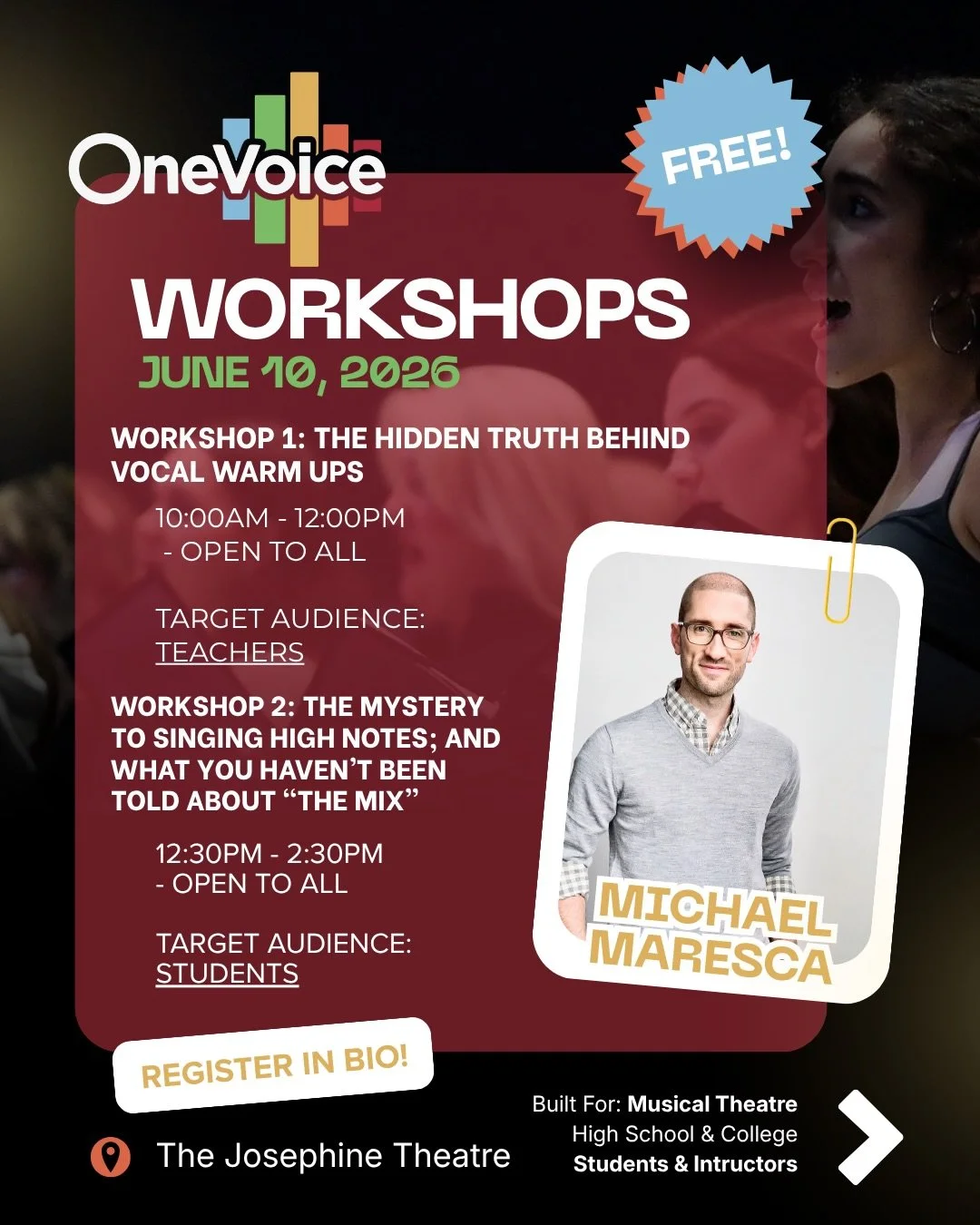 Join us for TWO FREE voice training workshops led by the highly acclaimed @singmaresca from @singonevoice❕on Wednesday, June 10th at The Josephine Theatre! 🔗 LINK TO REGISTER IN BIO 🔗

Two opportunities for both STUDENTS &amp; TEACHERS will be offe