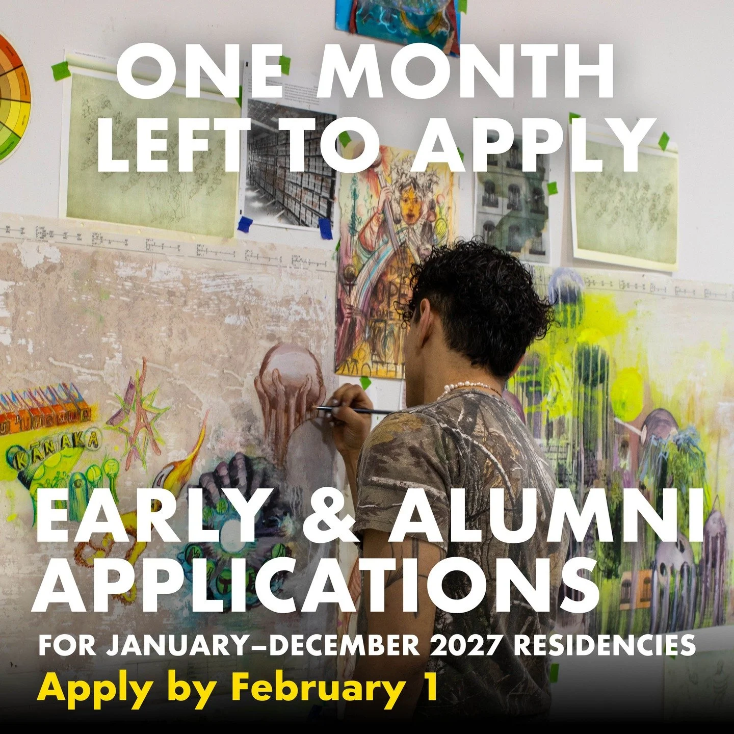 One month left to apply for our Early or Alumni applications for residencies in 2027!

📆 Apply by Feb 1, 2026!

The Early Application is perfect for artists who need a bit more time to plan for a residency and who are able to fully fund their stay t