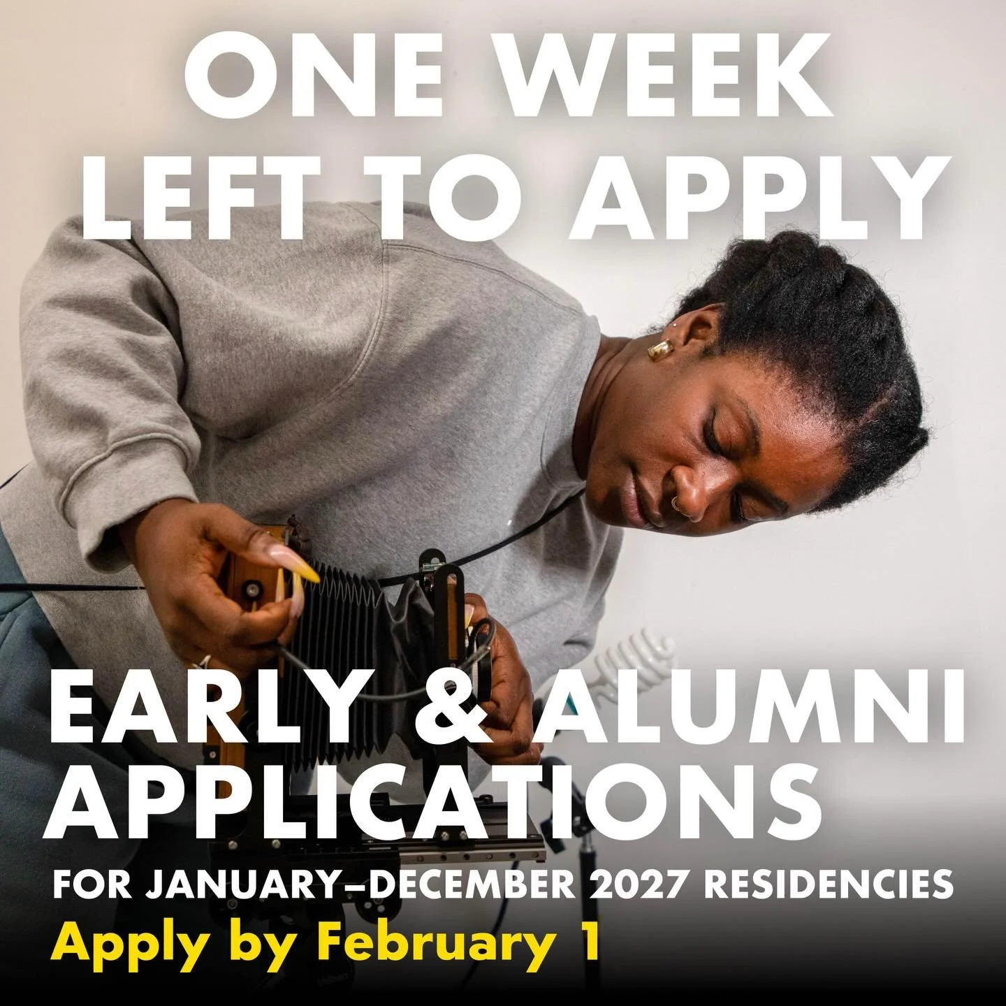 One week left to apply for our Early or Alumni applications for residencies in 2027!

📆 Apply by Feb 1, 2026!

The Early Application is perfect for artists who need a bit more time to plan for a residency and who are able to fully fund their stay th