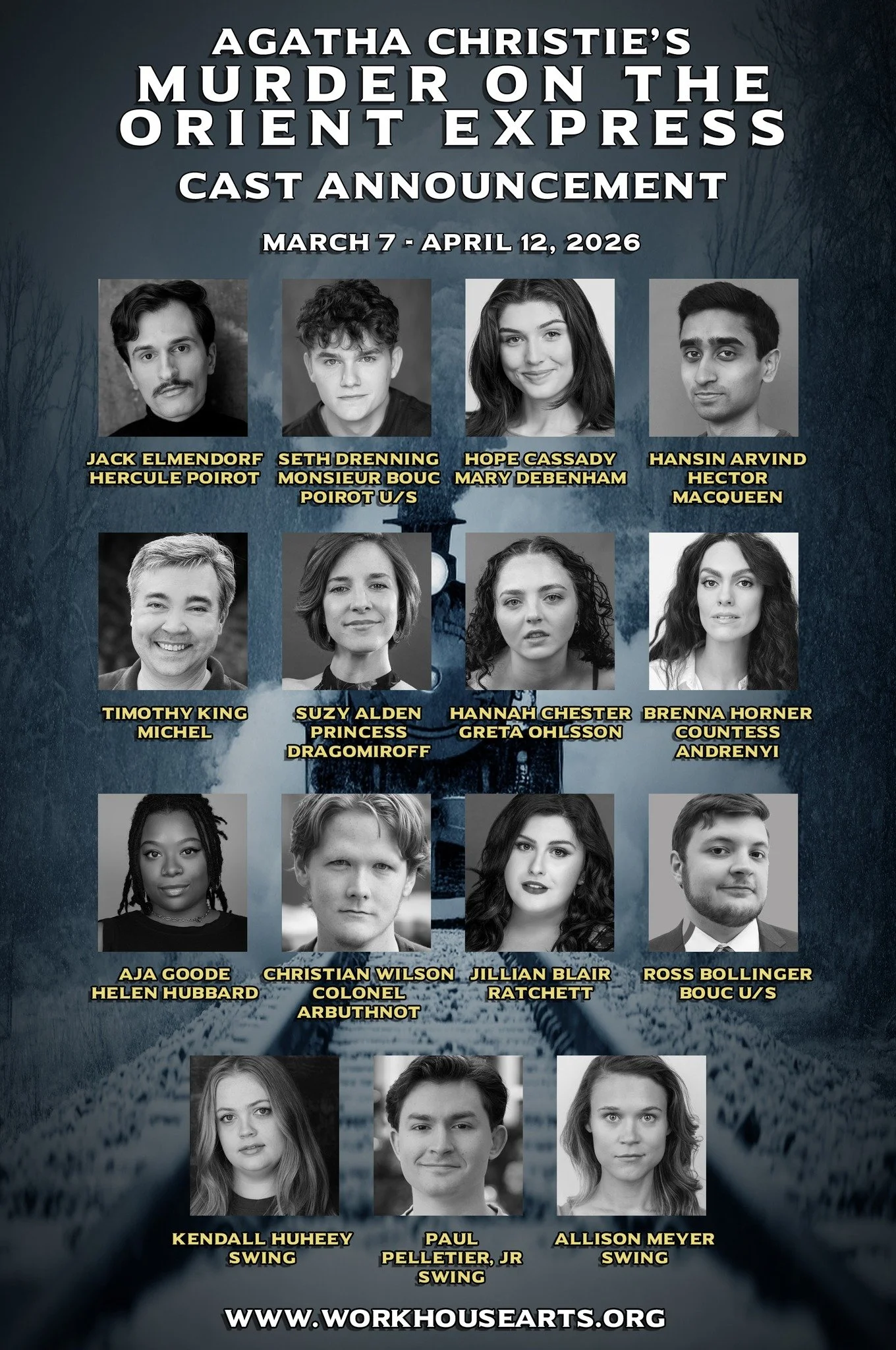 Cast announcement poster for Agatha Christie's Murder on the Orient Express, with headshots of cast members and their names, from March 7 to April 12, 2026.