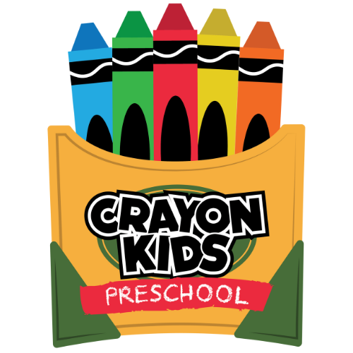 A colorful illustration of five crayons inside a yellow and green box with the text 'Crayon Kids Preschool' on it.