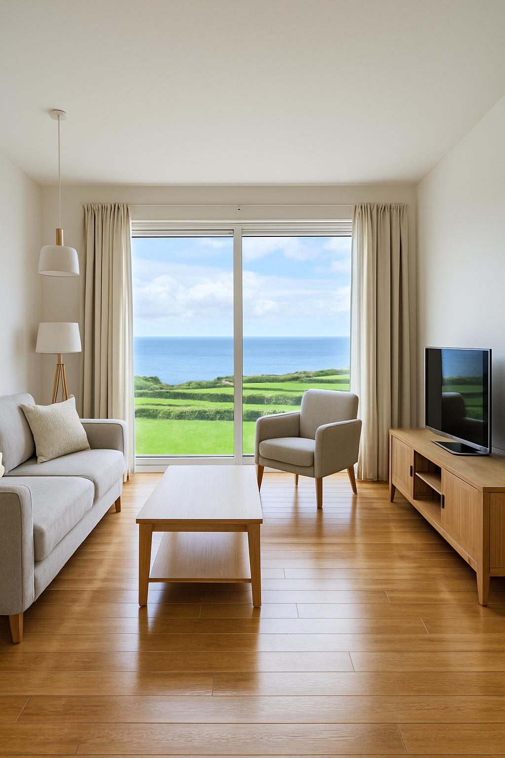 Sala de estar moderna com sofá, poltrona, mesa de centro, televisão em móvel de madeira, cortinas claras e grande janela com vista para o mar, céu e natureza verde.