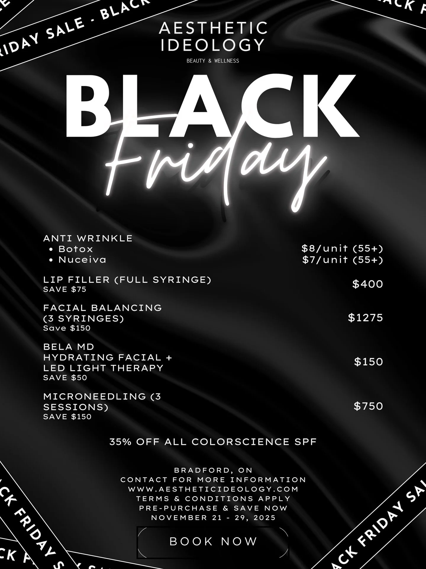 BLACK FRIDAY DEALS!!! 💰 

💉 Anti-Wrinkle Treatments 
* Botox - $8/unit (min 55 units) / $8.50/unit (min 35 units)
* Nuceiva - $7/unit (min 55 units) / $7.50/unit (min 35 units)
Smooth fine lines and refresh your look before fall.

👄 Lip Filler (Fu