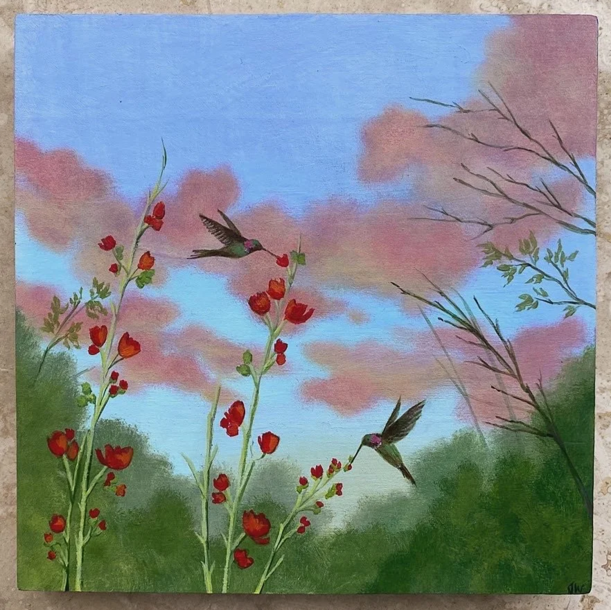Double Hummingbird, acrylic on wood, 6x6"