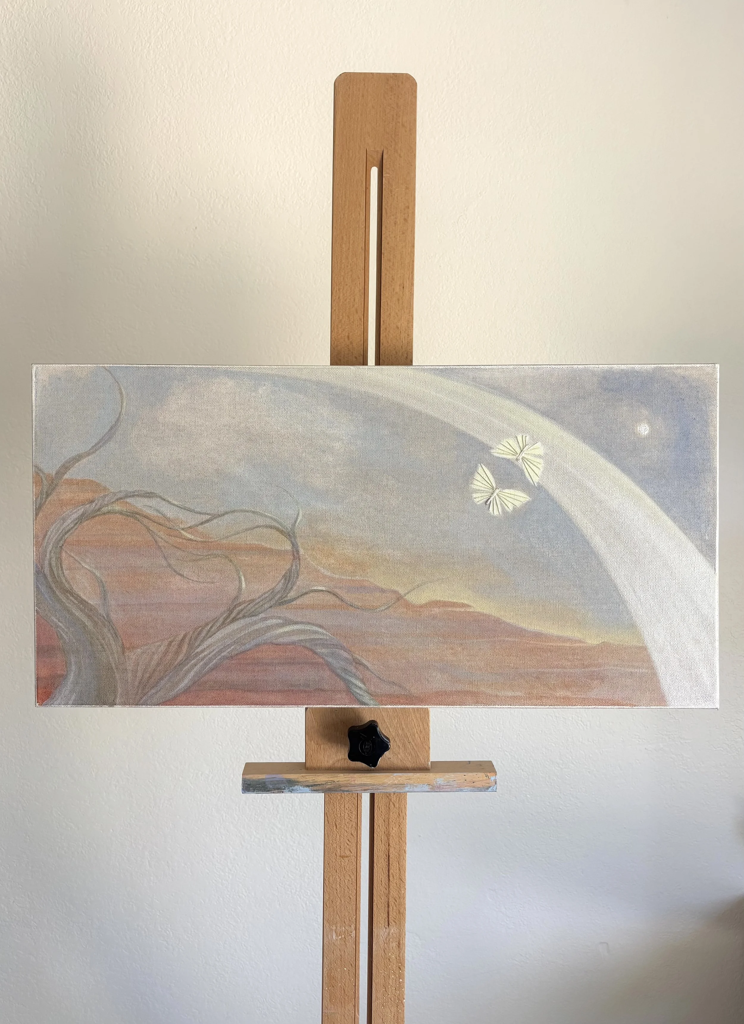 Return, acrylic on canvas, thread, silver, 10"x20"