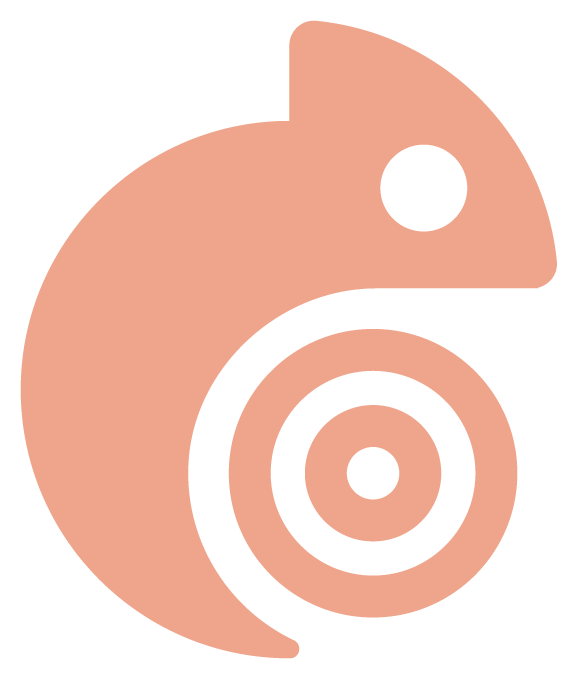 Stylized graphic of a pink chameleon with a rounded body and a curled tail, featuring concentric circles around its midsection.