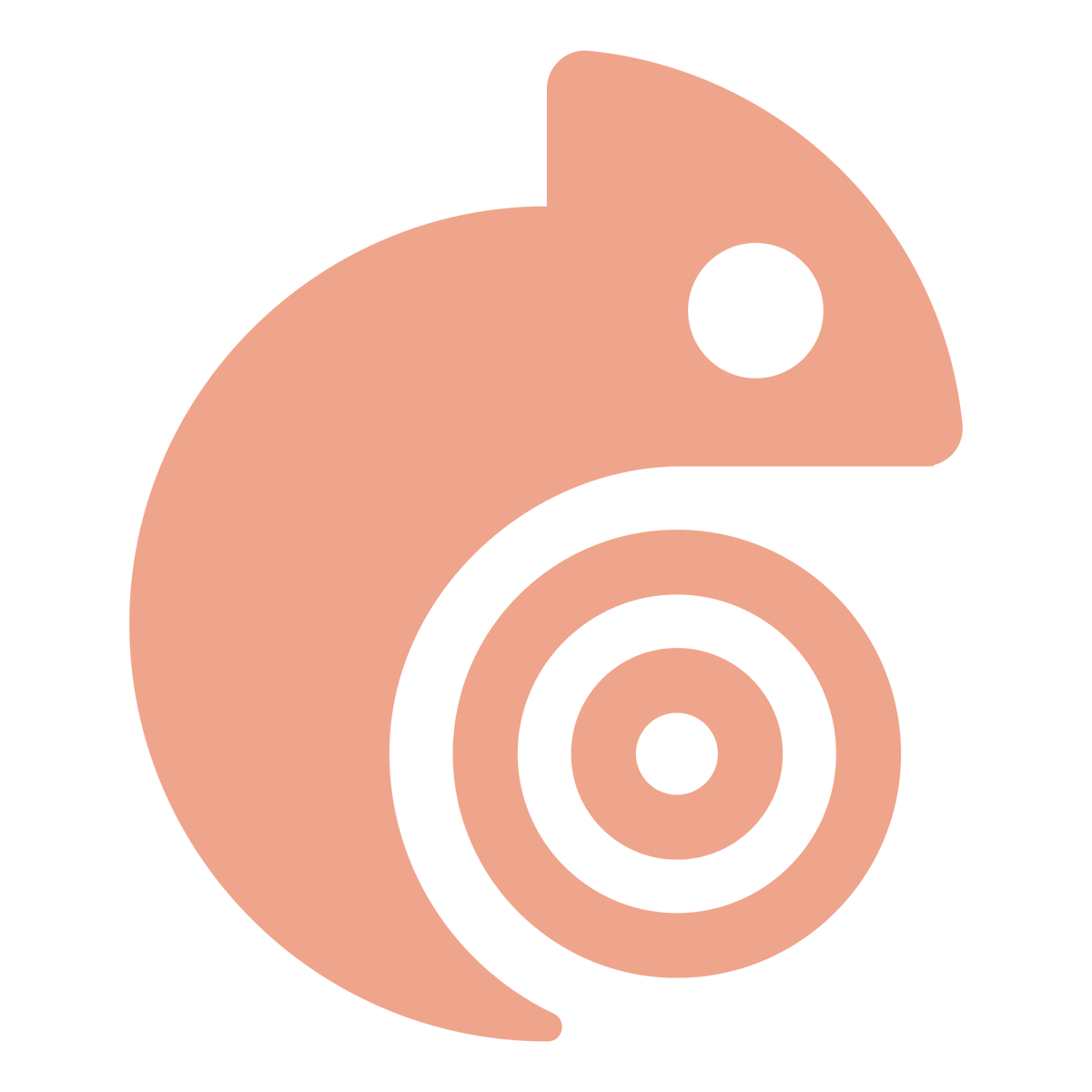 Stylized abstract illustration of a chameleon in a minimalist style with circular patterns and a dot eye.