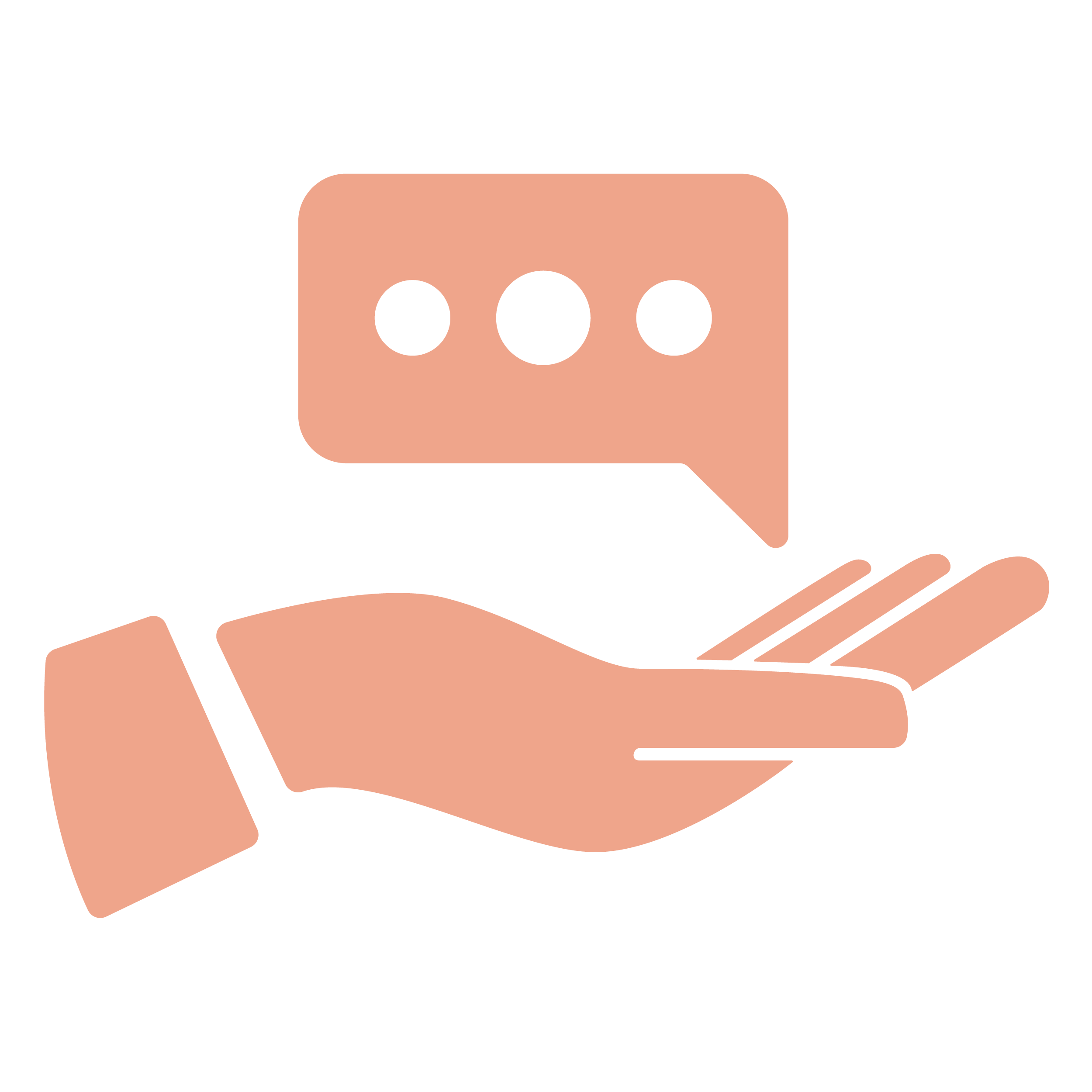 Illustration of a hand holding a chat bubble with three dots inside.