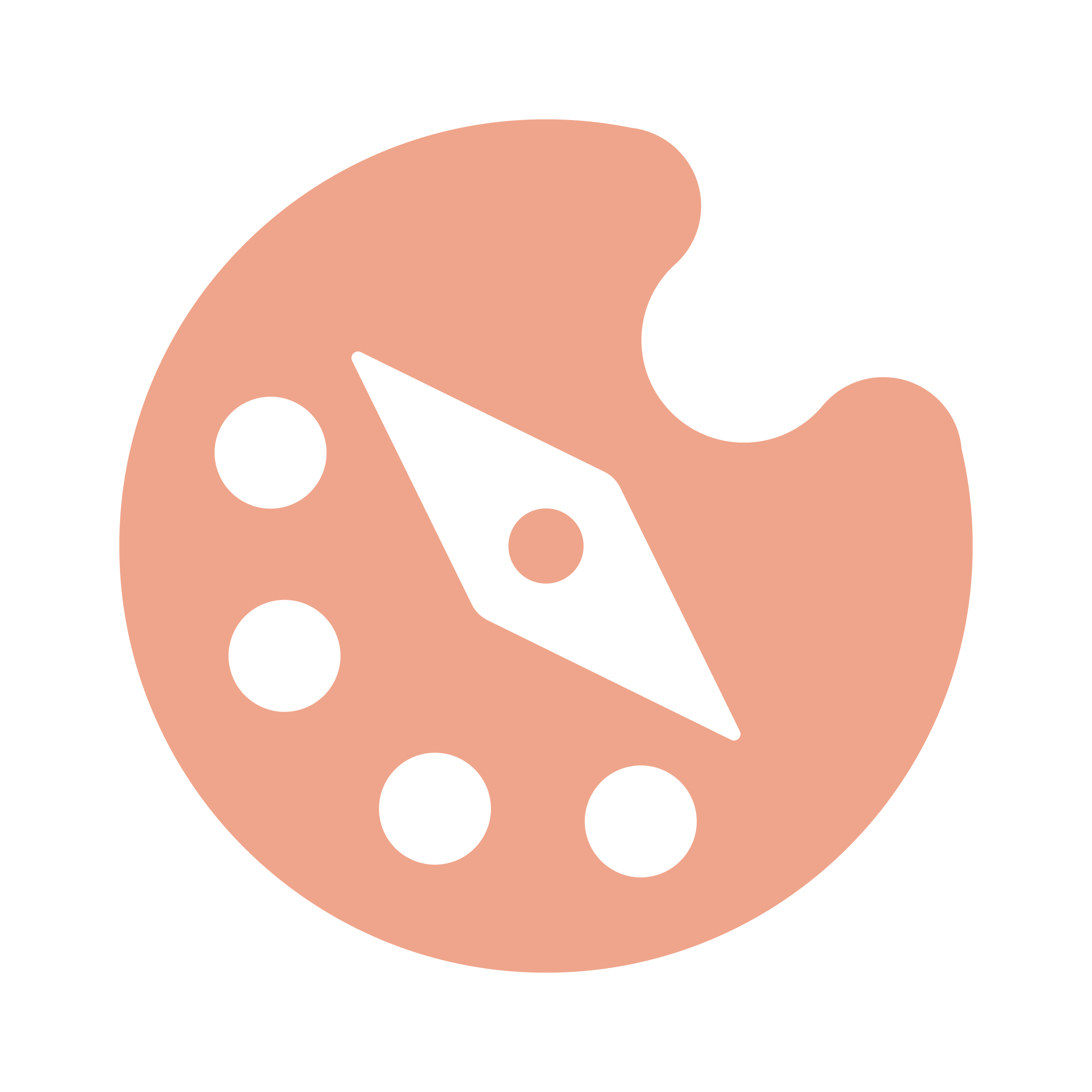 Art palette with paint spots and a compass center, pink background, minimalist design