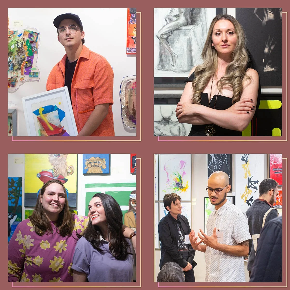 Collage of four images showing people at an art gallery or exhibition. Top left: A man with glasses, cap, and orange shirt holding a framed artwork. Top right: A woman with long, wavy blonde hair in a black dress standing in front of artwork with her arms crossed. Bottom left: Two women smiling in front of colorful, cartoon-like paintings. Bottom right: A man with glasses and a bald head talking to a woman, with several artworks in the background.