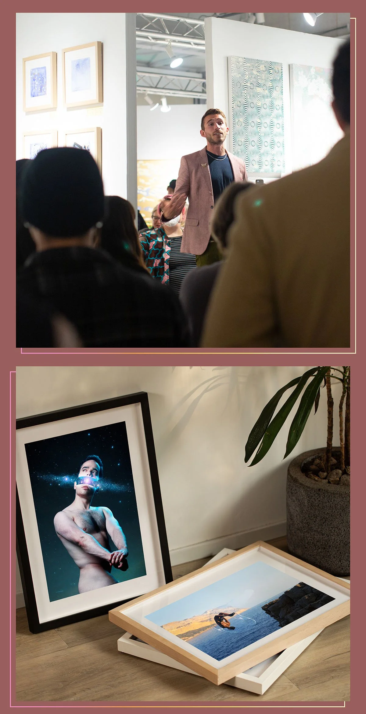 Top: An art gallery event with a man in a pink blazer speaking to an audience. Bottom: Two framed photographs on the floor, one of a shirtless man with a cosmic galaxy effect on his face, and another of a person jumping into a body of water during sunset, with a potted plant nearby.